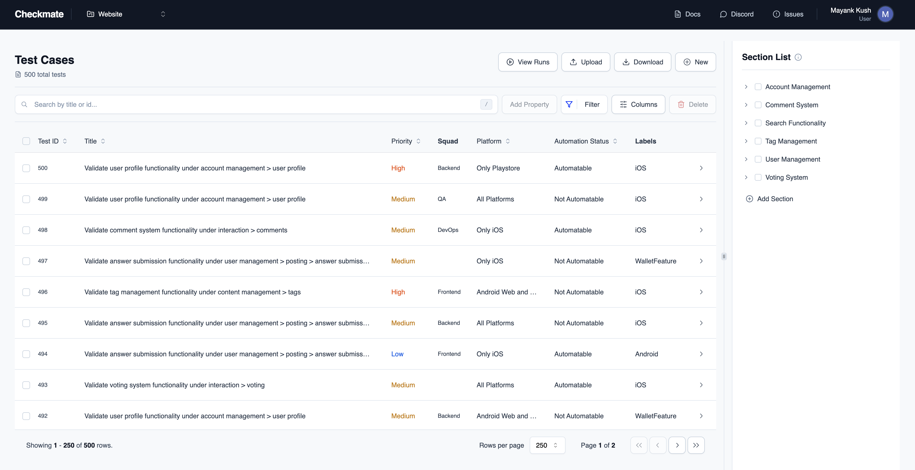 Checkmate Test Cases Interface